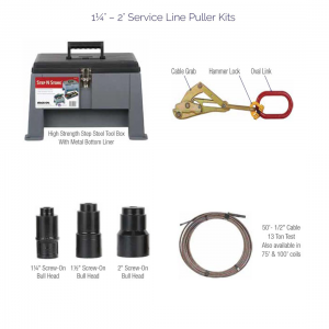 Components of the 1-1/4" to 2" service line puller kit displayed on a white background