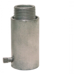 A close-up view of a Team NCT service box extension, a small metal cylinder with a threaded top, on a white background