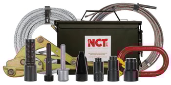 NCT's service line puller kit displayed with two cables, storage box, bull heads, pipe splitters, oval loop, hammer lock and cable grab