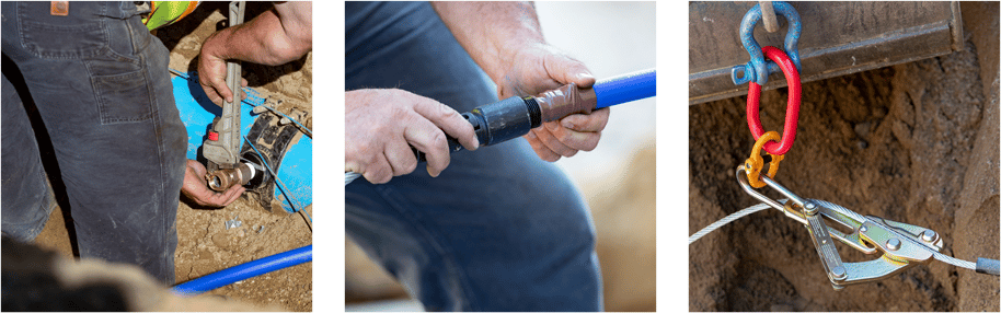Three views of the NCT Service Line Puller Kit components in action in the field on a jobsite