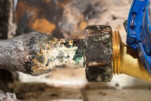 An old, corroded fitting on a water service line connected to a newer brass fitting