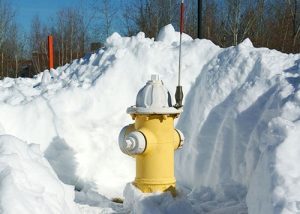 A yellow fire hydrant marked with an NCT hydrant flag stands safely in front of a snowbank; the ground around the hydrant has been cleared of snow for fire department access.