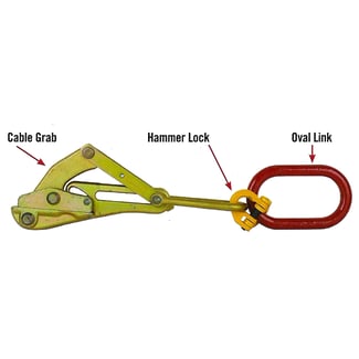 Cable grab, hammer lock and oval link for the NCT service line puller kit shown attached to each other