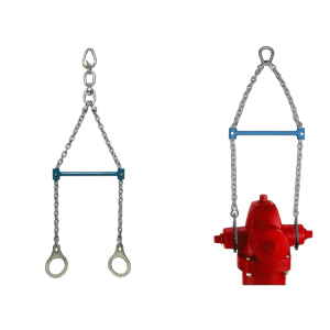 The New Concept Tools hydrant setter shown in full and with the lifting paddles secured to a hydrant with the chains and spreader bar positioned above