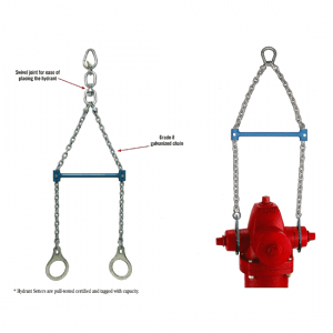 Team NCT's hydrant setter with spreader bar shown with and without a hydrant attached