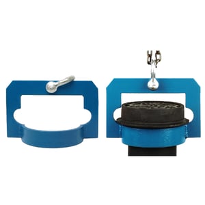 Blue powder coated valve box top lifter shown with and without a valve box top 