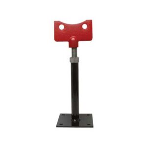 A Redi-Jack pipe support with rust-proof black paint on the base plate and signature red on the support plate.